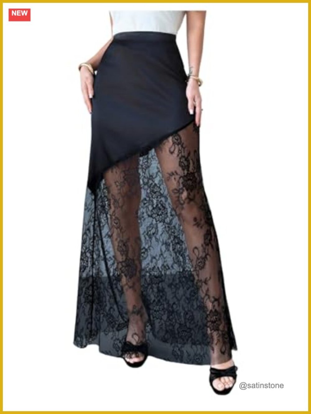 Y2K Satin Lace Maxi Skirt Sheer Silk Party Long Skirts